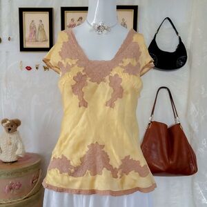 Coquette vintage romantic girly appliqué lace butter yellow antique lingerie top